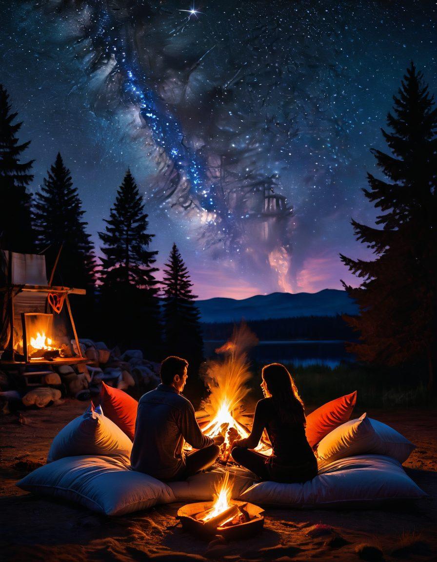 A warm, inviting scene featuring a glowing campfire surrounded by cozy pillows and soft blankets, with silhouettes of a couple playfully flirting under a starry sky. The ambiance is sensual and empowering, with shimmering embers representing inner fire and vibrant mood lighting casting a romantic glow. Illustrate delicate, flirty gestures between the couple to emphasize intimacy. vibrant colors. painterly style.