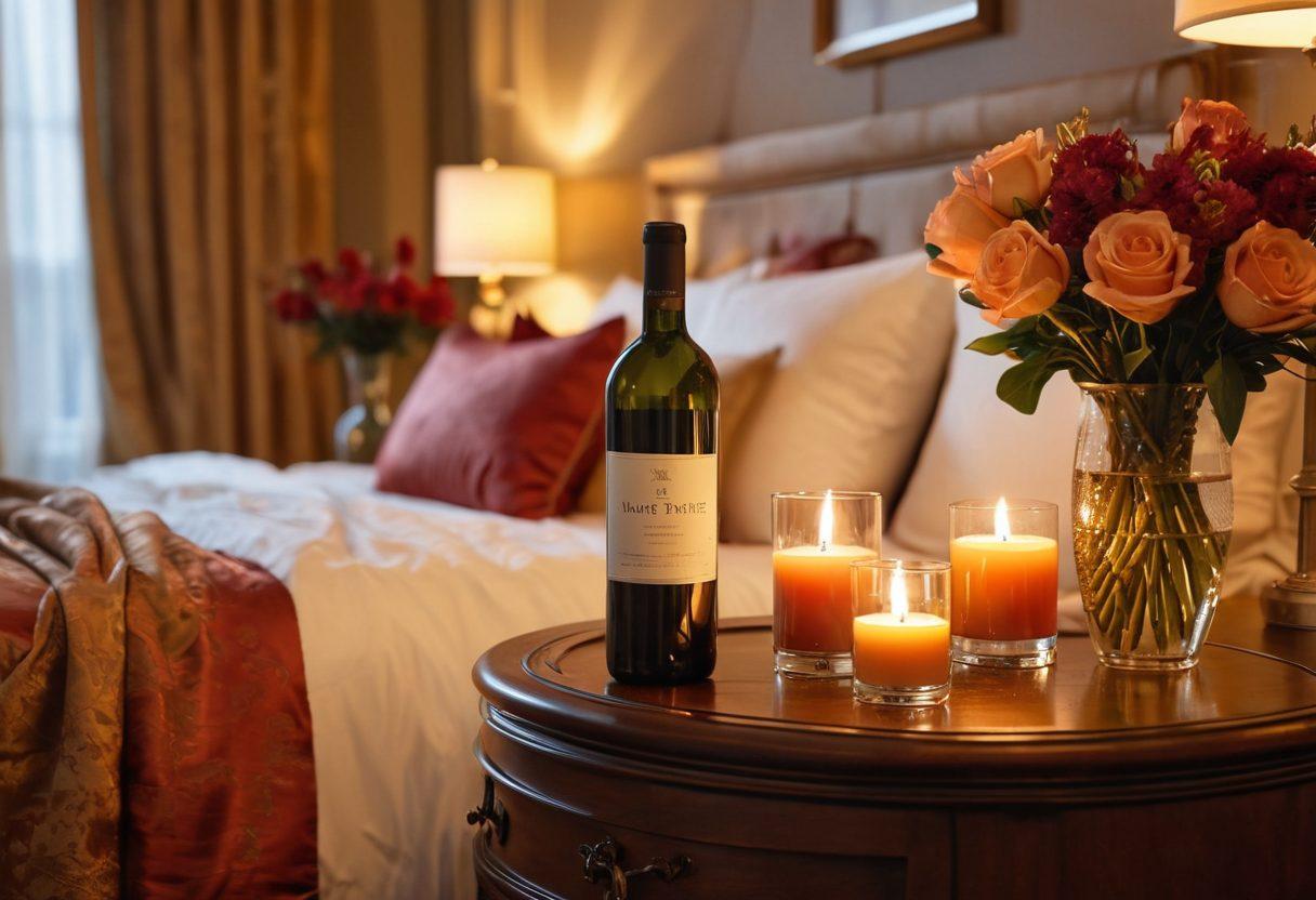 A cozy, inviting scene featuring a lush, candle-lit bedroom with silky sheets and soft cushions, reflecting warmth and intimacy. Include a bottle of wine and two glasses on a nightstand, with seductive, romantic lighting that enhances the ambiance. Subtle hints of exotic flowers or candles in the background to evoke mystery and allure. The atmosphere should feel sensual and adventurous, inviting viewers to explore their desires. super-realistic. warm tones. soft focus.
